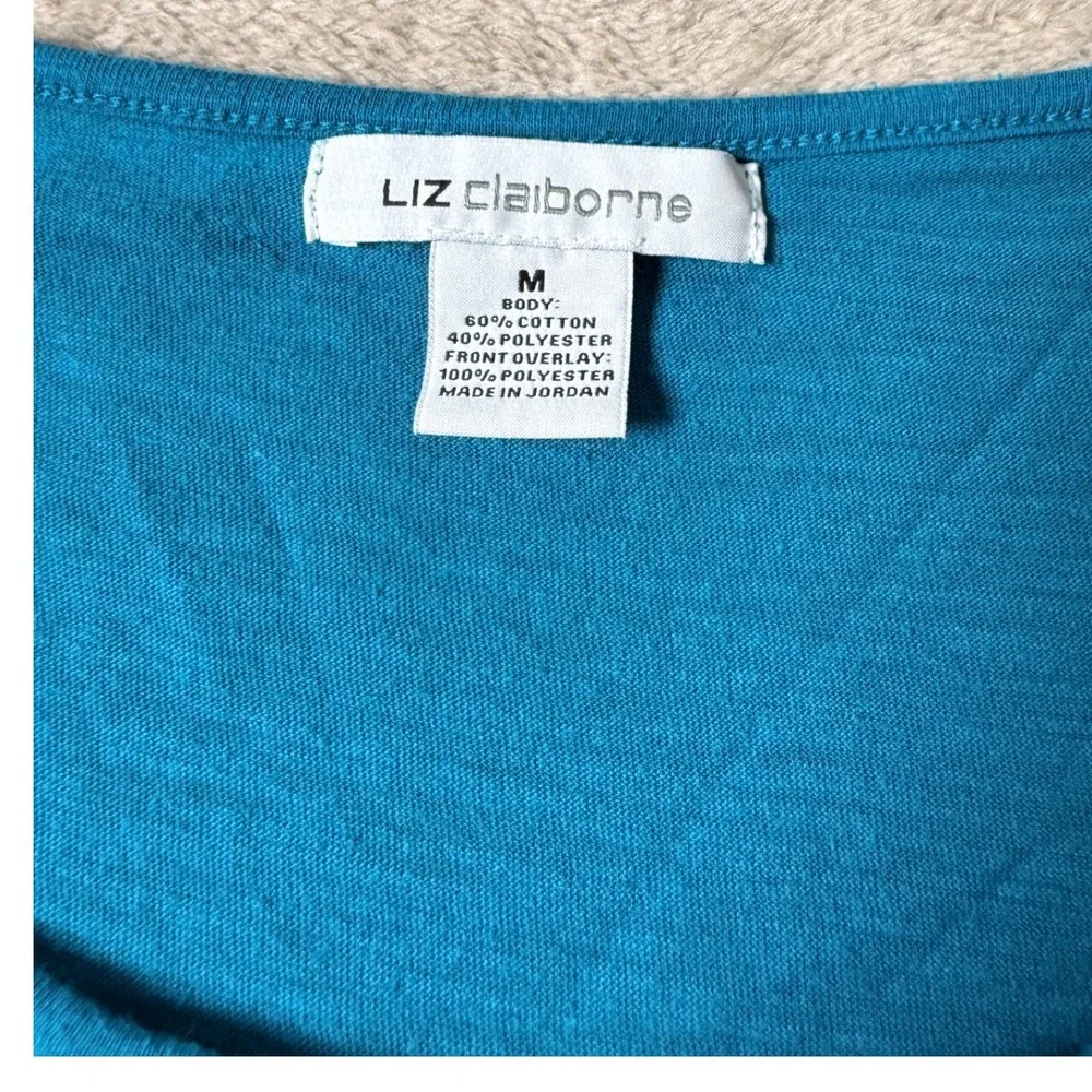 Liz Claiborne Turquoise Blue Crochet Lace Front Cap Sleeve Top Medium Boho